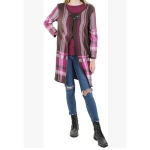 NWT Kasper Women's M Plaid Flyaway Jacket Brown Pink Stretch Textured Buckle